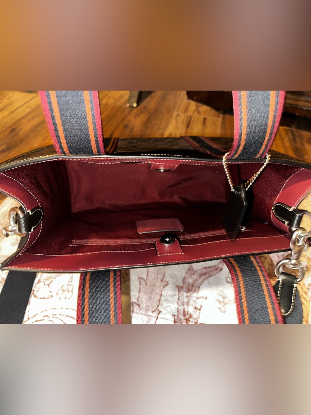 Coach Brown Signature Canvas Tote with Black and Burgundy Straps - Picture 4 of 4